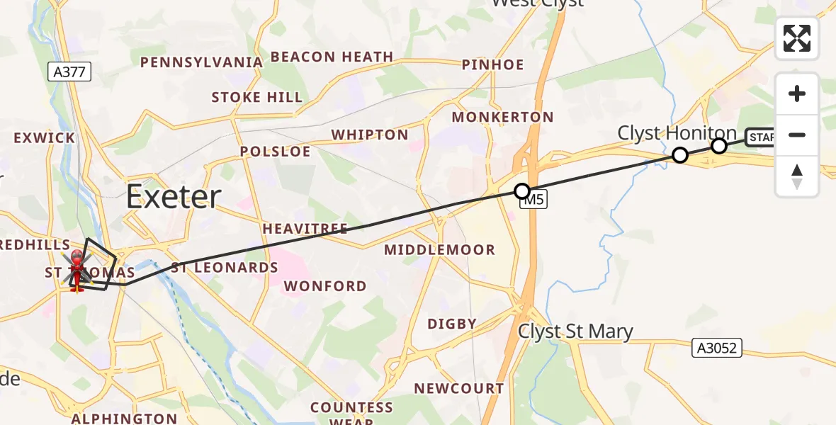 Flight route Air Ambulance Helicopter Exeter International Airport - Exeter, 01 August 2026, 07:07