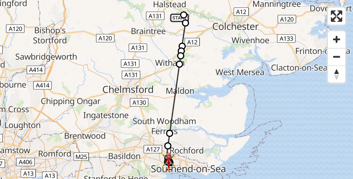 Flight route Air Ambulance Helicopter Earls Colne Airfield - Hadleigh, 01 August 2026, 07:14