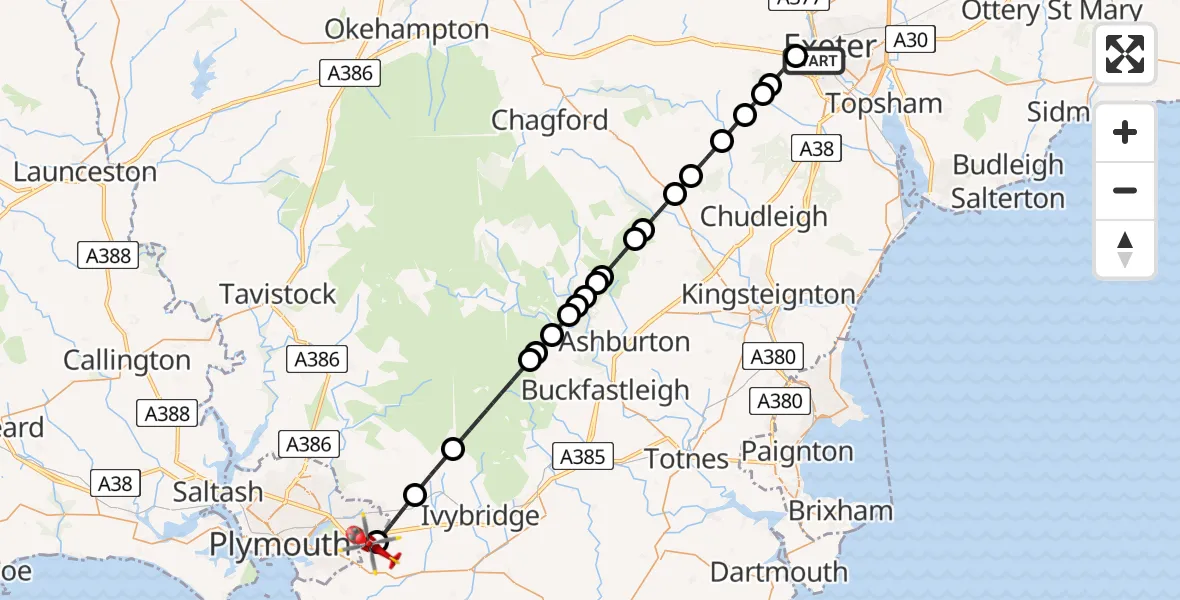 Flight route Air Ambulance Helicopter Exeter - Sherford, 01 August 2026, 07:31