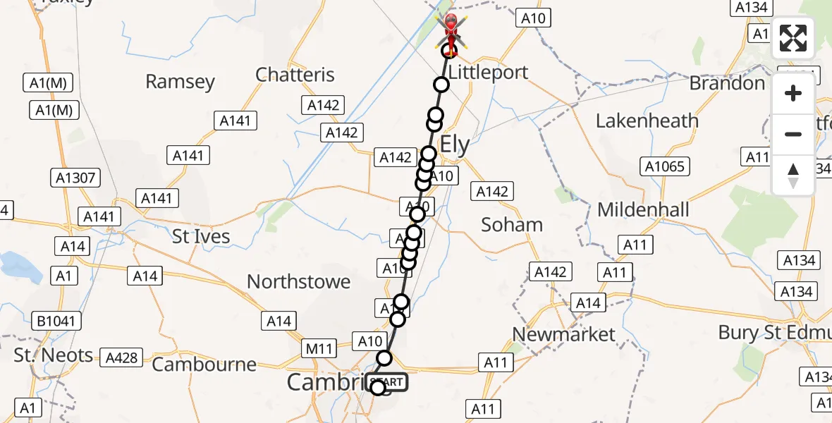 Flight route Air Ambulance Helicopter Cambridge City Airport - Littleport, 01 August 2026, 07:34