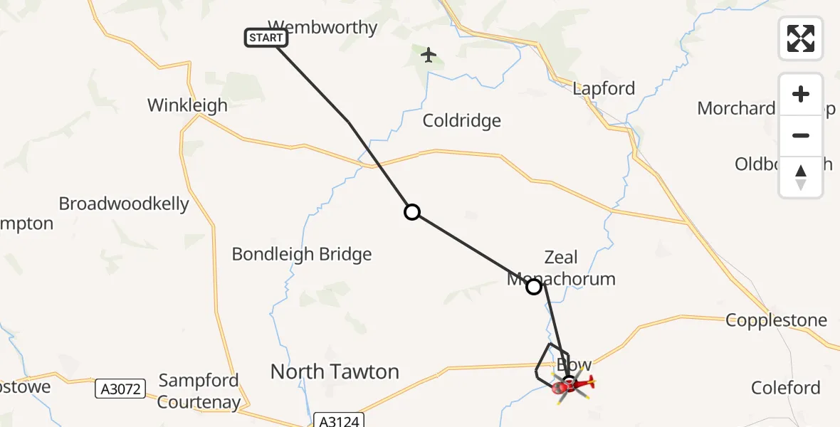 Flight route Air Ambulance Helicopter Mid Devon - Bow, 01 August 2026, 08:02