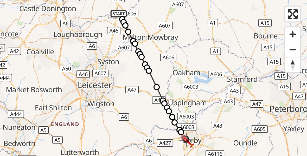 Flight route Air Ambulance Helicopter Rushcliffe - Corby, 01 August 2026, 08:17