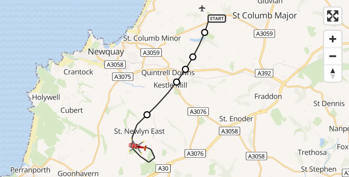 Flight route Air Ambulance Helicopter Cornwall Airport Newquay - St. Newlyn East, 01 August 2026, 08:24
