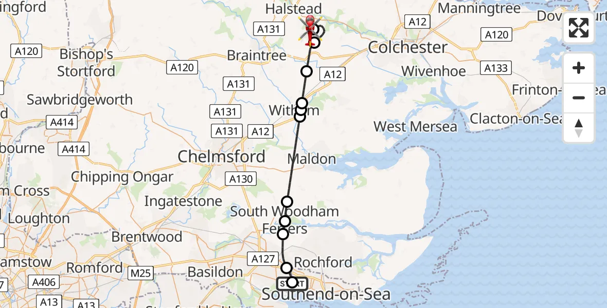 Flight route Air Ambulance Helicopter Leigh on Sea - Earls Colne Airfield, 01 August 2026, 08:24
