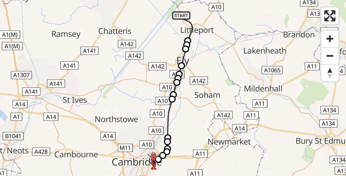 Flight route Air Ambulance Helicopter Littleport - Cambridge City Airport, 01 August 2026, 08:31
