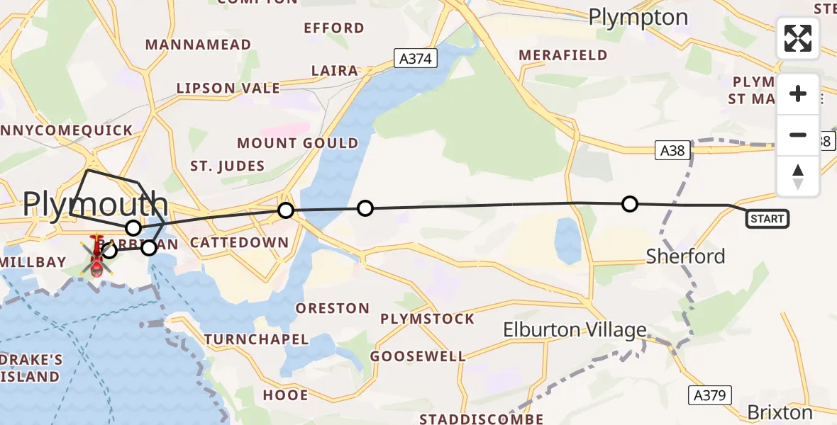 Flight route Air Ambulance Helicopter Sherford - West Hoe, 01 August 2026, 08:33