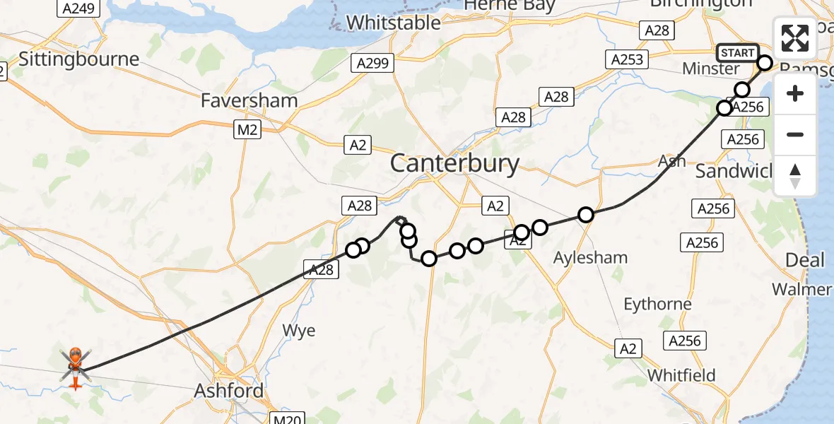 Flight route Coastguard Helicopter Manston Airport - Ashford, 01 August 2026, 08:33