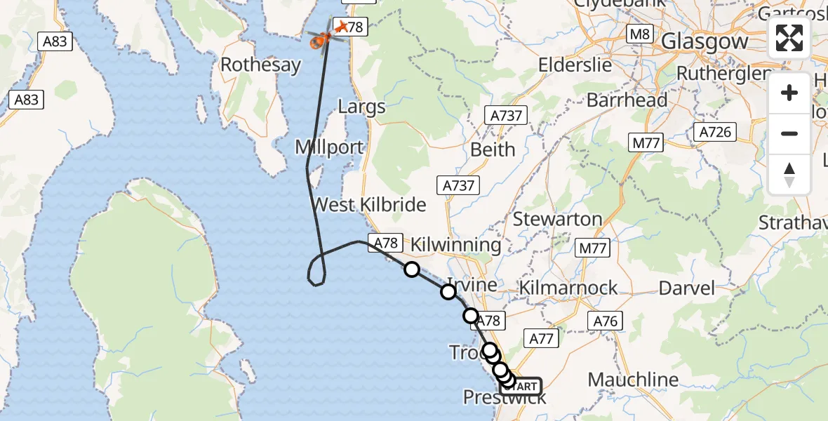 Flight route Coastguard Helicopter Glasgow Prestwick Airport - Inner Seas, 01 August 2026, 08:52