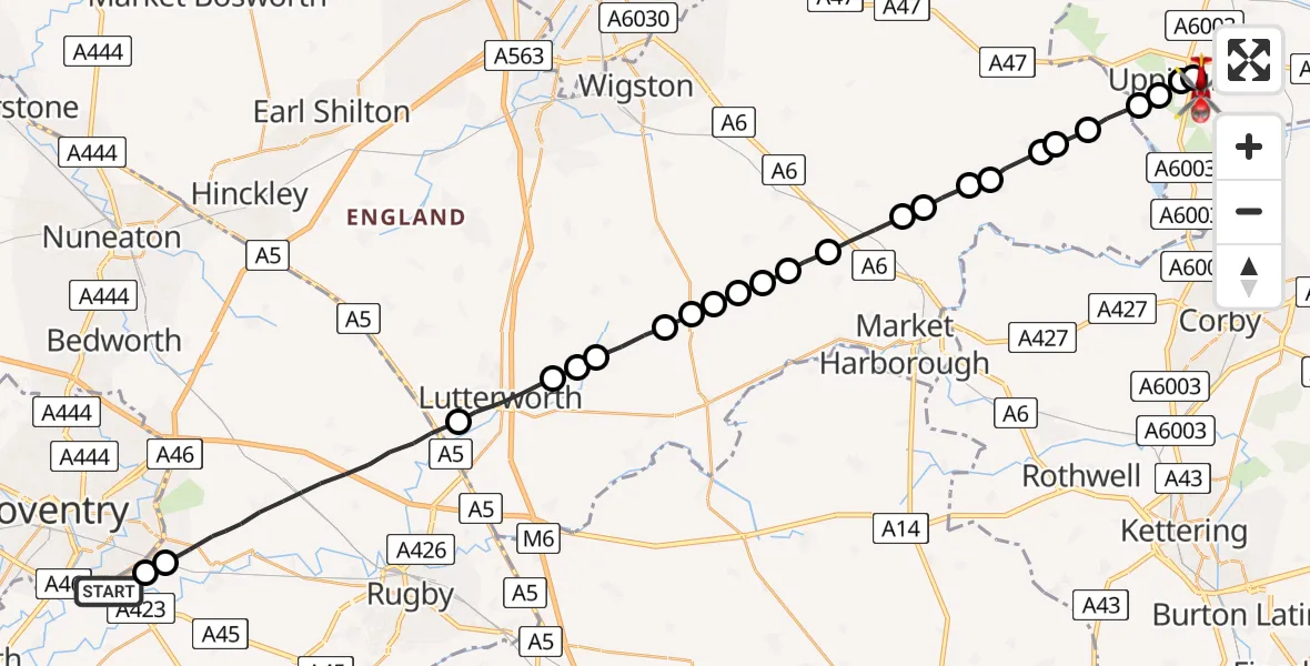 Flight route Air Ambulance Helicopter Coventry Airport - Uppingham, 01 August 2026, 08:59