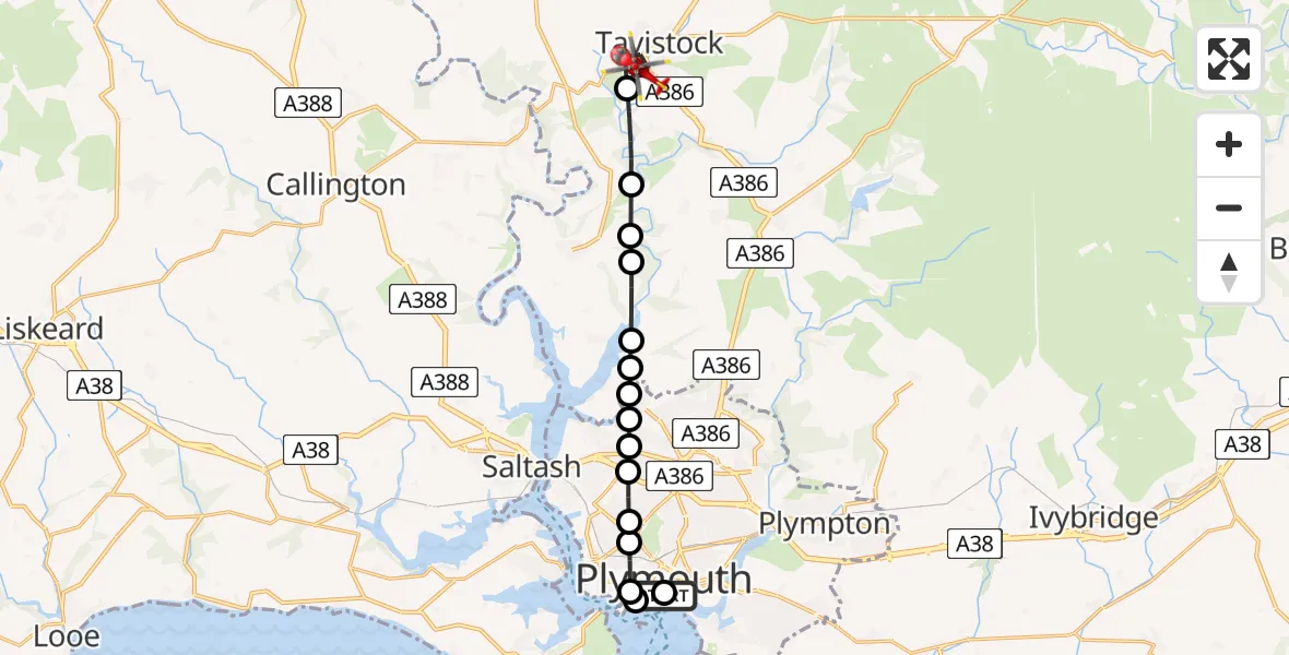 Flight route Air Ambulance Helicopter Barbican - Tavistock, 01 August 2026, 08:59