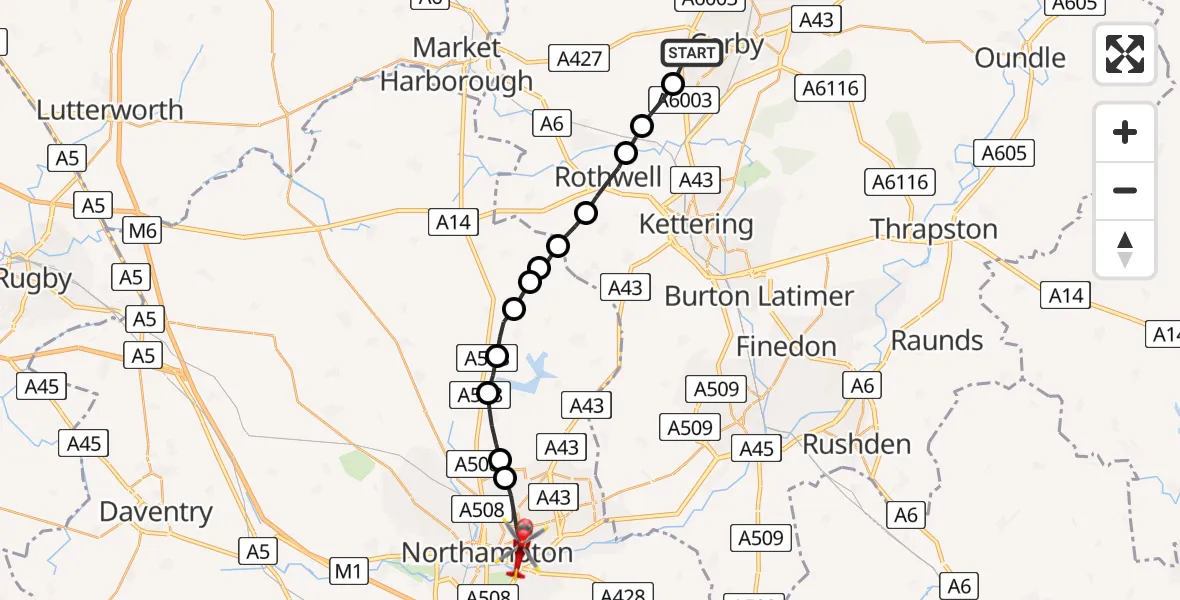 Flight route Air Ambulance Helicopter Corby - Northampton, 01 August 2026, 09:04