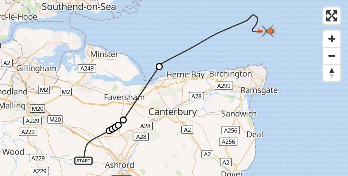 Flight route Coastguard Helicopter Ashford - North Sea, 01 August 2026, 09:06