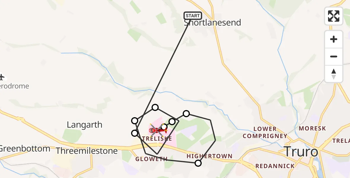 Flight route Air Ambulance Helicopter Shortlanesend - Treliske Hospital, 01 August 2026, 09:16
