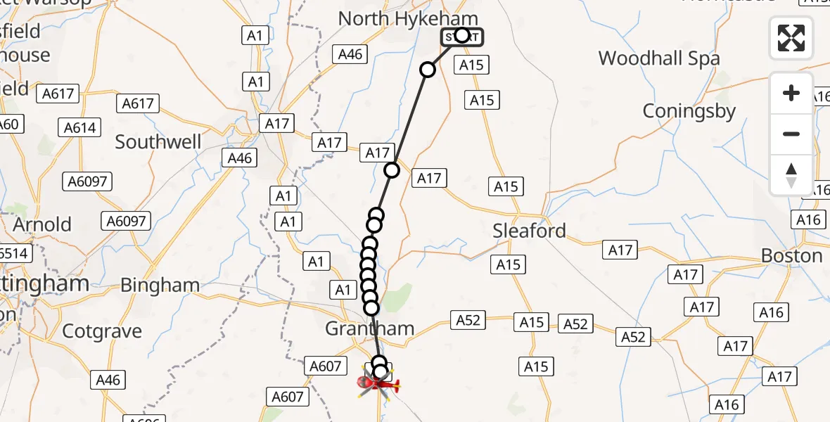 Flight route Air Ambulance Helicopter RAF Waddington - Great Ponton, 01 August 2026, 09:39