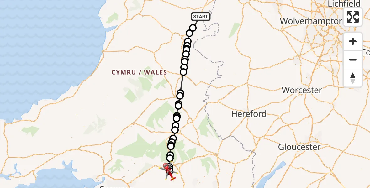 Flight route Air Ambulance Helicopter Welshpool - Trecynon, 01 August 2026, 09:43