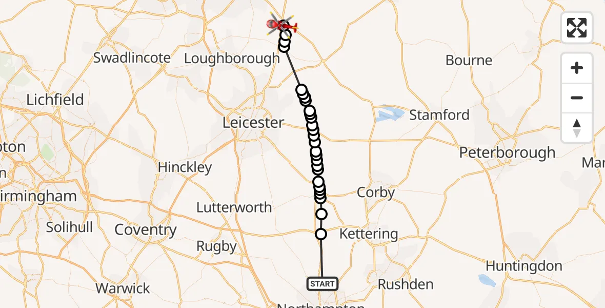 Flight route Air Ambulance Helicopter Pitsford - Nottingham Heliport, 01 August 2026, 09:43
