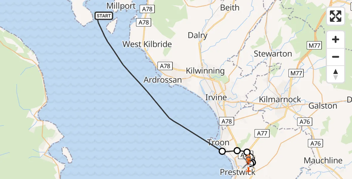 Flight route Coastguard Helicopter Inner Seas - Glasgow Prestwick Airport, 01 August 2026, 09:46