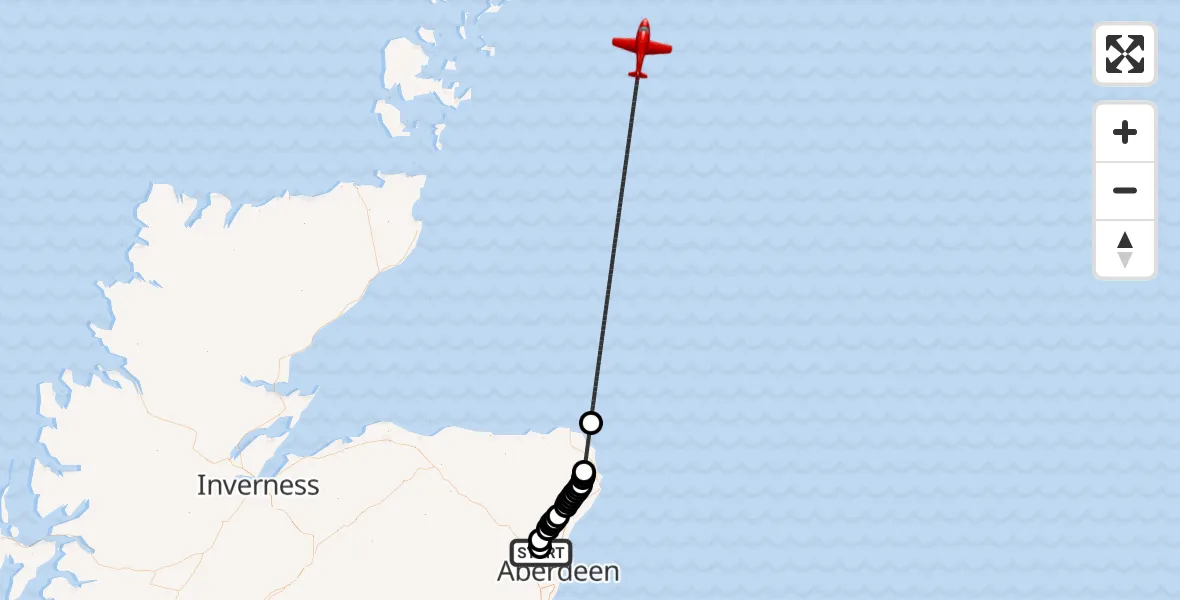 Flight route Air Ambulance Aircraft Dyce and Stoneywood - North Sea, 01 August 2026, 09:47