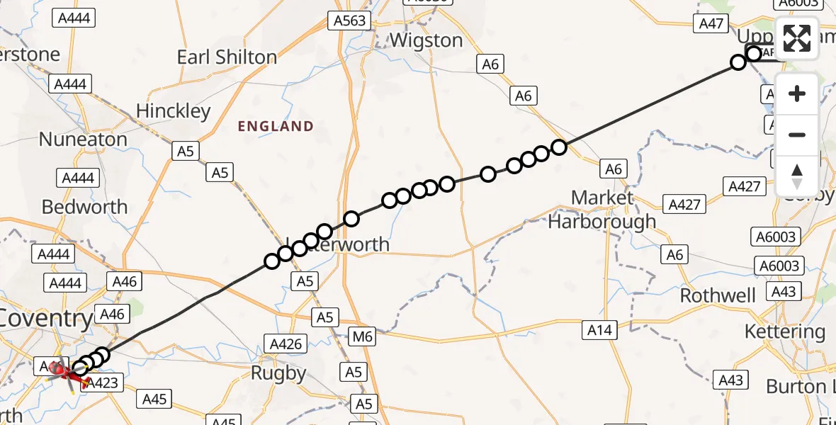 Flight route Air Ambulance Helicopter Uppingham - Coventry Airport, 01 August 2026, 09:53