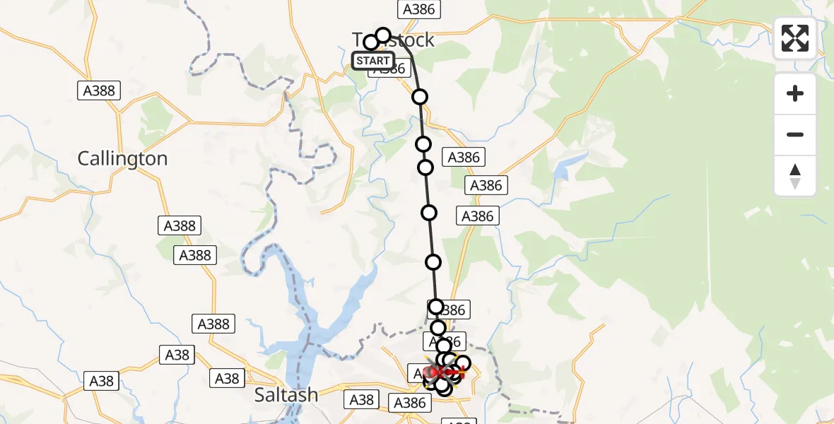 Flight route Air Ambulance Helicopter Tavistock - Derriford Hospital, 01 August 2026, 10:00