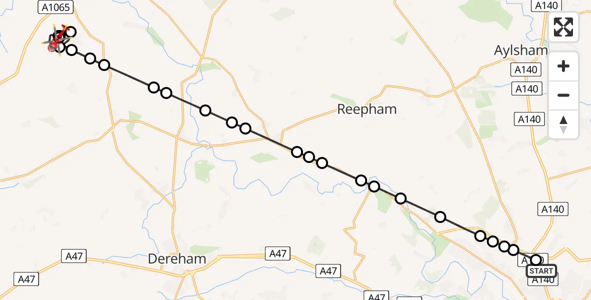 Flight route Air Ambulance Helicopter Norwich Airport - Dunton, 01 August 2026, 10:04