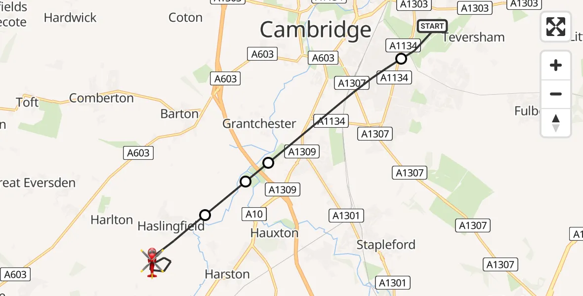 Flight route Air Ambulance Helicopter Cambridge City Airport - Haslingfield, 01 August 2026, 10:09