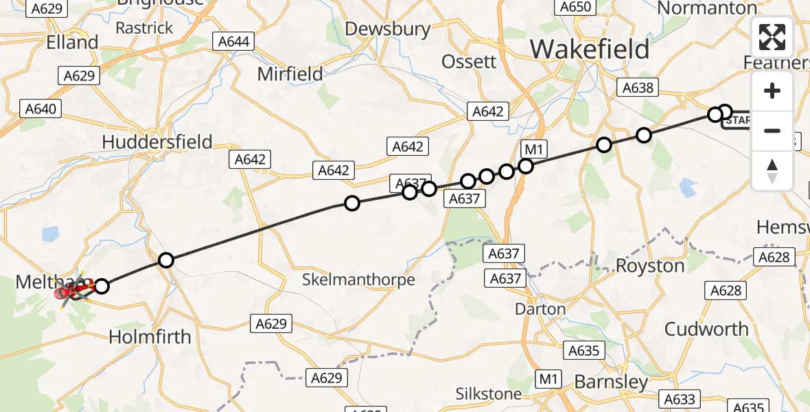 Flight route Air Ambulance Helicopter YAA Nostell Helicopter Port - Meltham, 01 August 2026, 10:16