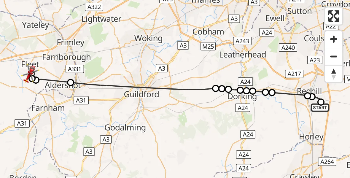Flight route Air Ambulance Helicopter Redhill Aerodrome - Fleet, 01 August 2026, 10:20