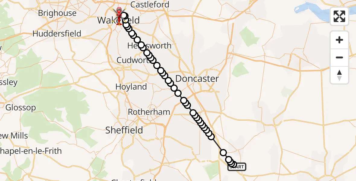 Flight route Air Ambulance Helicopter Retford Gamston Airport - Stanley, 01 August 2026, 10:31