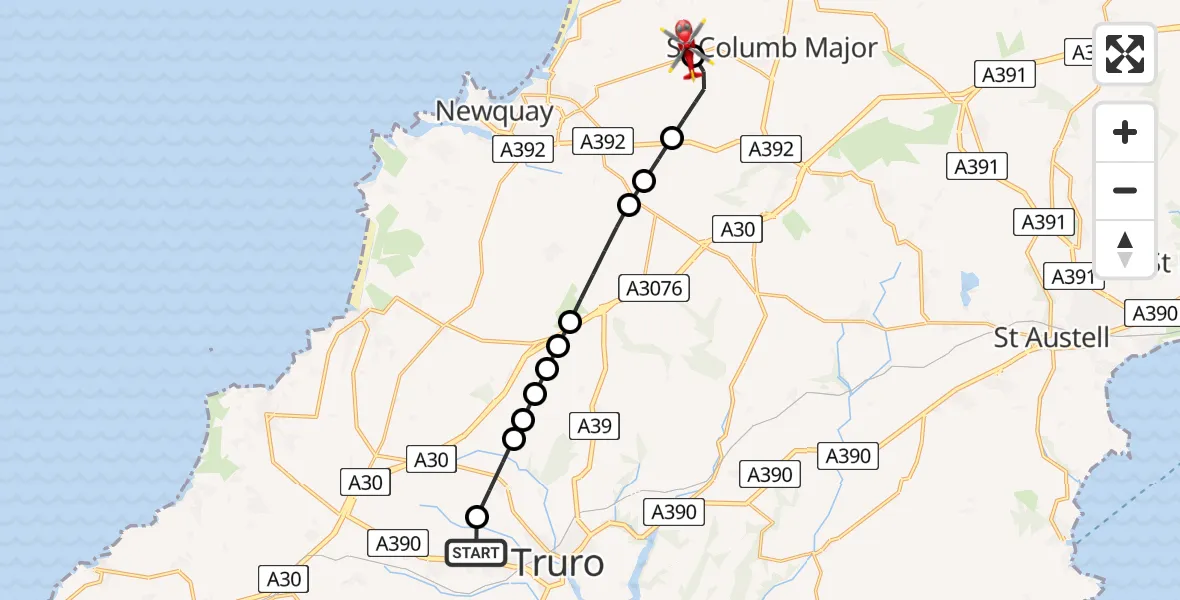 Flight route Air Ambulance Helicopter Treliske Hospital - Cornwall Airport Newquay, 01 August 2026, 10:32