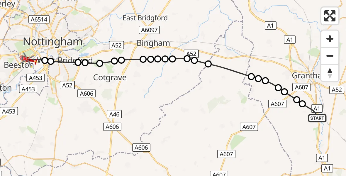 Flight route Air Ambulance Helicopter Great Ponton - City of Nottingham, 01 August 2026, 10:42