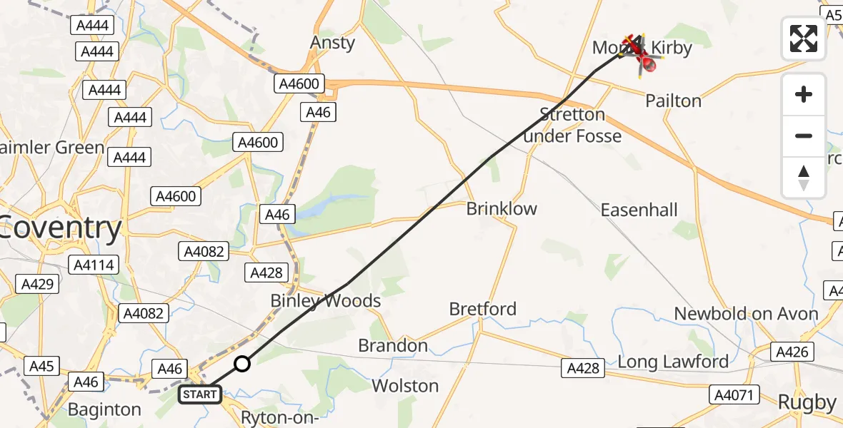 Flight route Air Ambulance Helicopter Coventry Airport - Rugby, 01 August 2026, 10:52