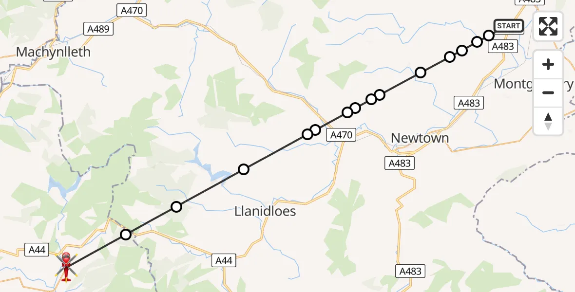 Flight route Air Ambulance Helicopter Berriew - Ponterwyd, 01 August 2026, 10:53
