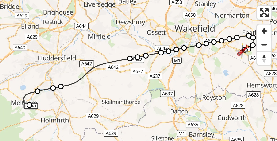 Flight route Air Ambulance Helicopter Meltham - YAA Nostell Helicopter Port, 01 August 2026, 10:54