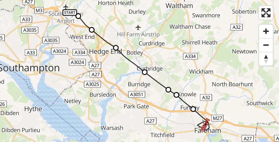 Flight route Air Ambulance Helicopter Southampton Airport - Fareham, 01 August 2026, 10:55