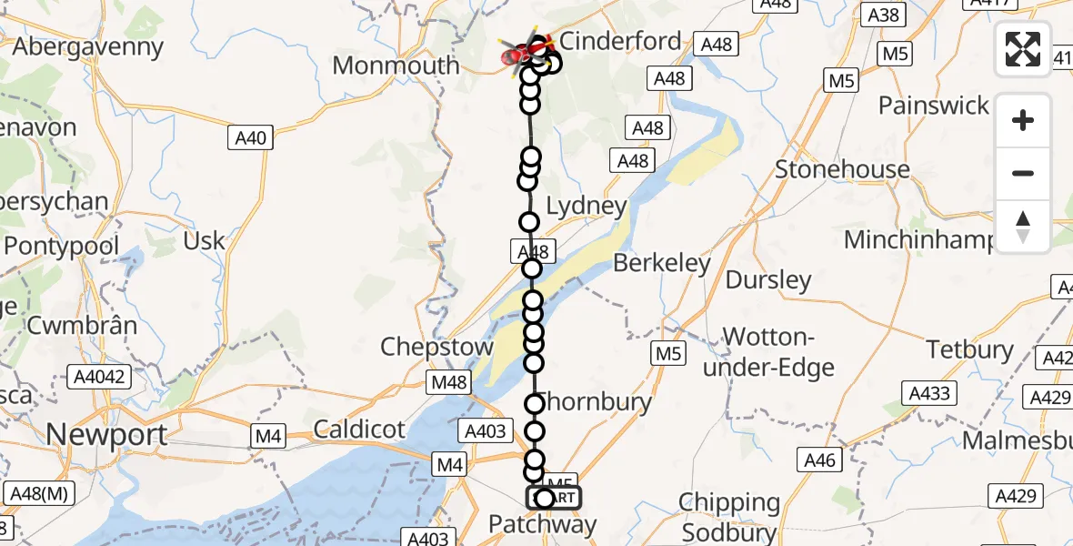Flight route Air Ambulance Helicopter Almondsbury Helicopter Base - Mile End, 01 August 2026, 10:58
