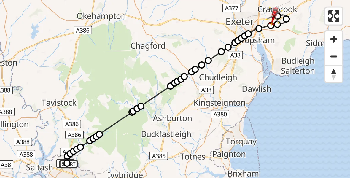 Flight route Air Ambulance Helicopter Derriford Hospital - Exeter International Airport, 01 August 2026, 11:00