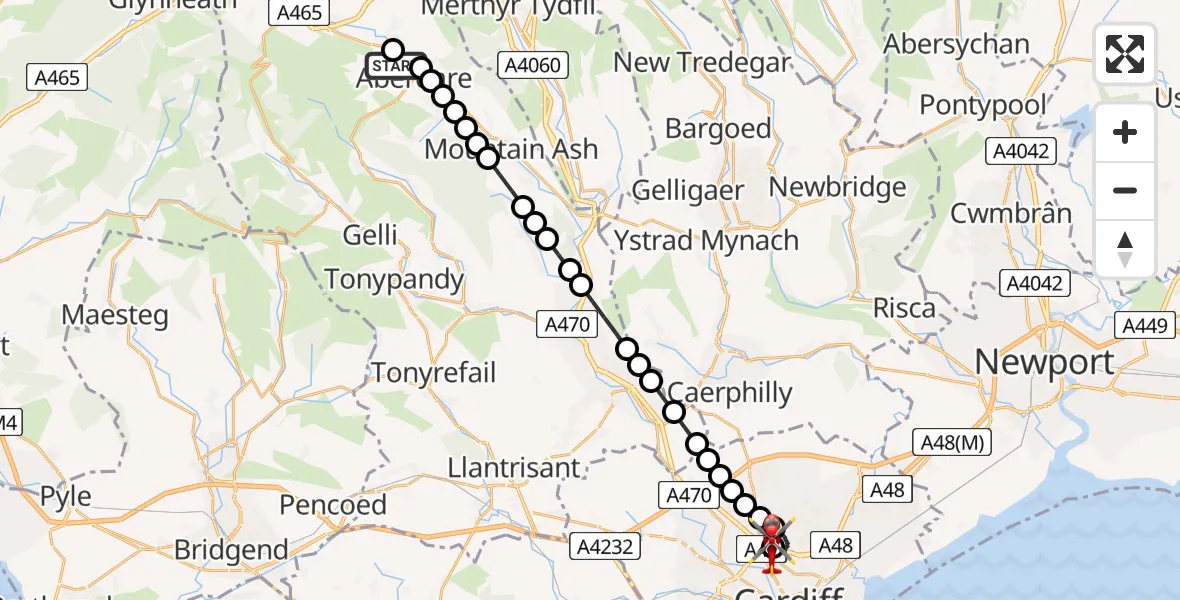 Flight route Air Ambulance Helicopter Trecynon - Gabalfa, 01 August 2026, 11:02