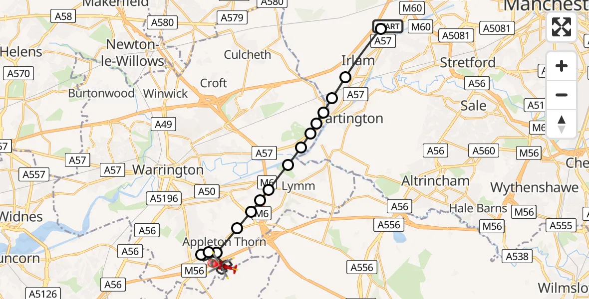 Flight route Air Ambulance Helicopter Manchester Barton Aerodrome - Stretton, 01 August 2026, 11:02