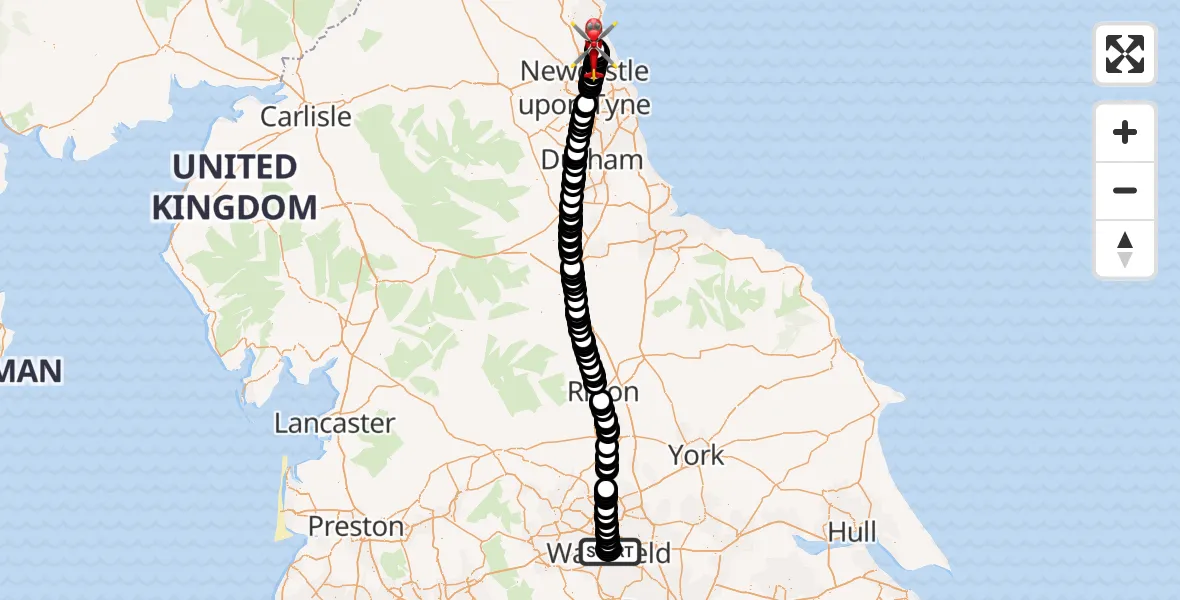 Flight route Air Ambulance Helicopter Newton Hill - Cramlington, 01 August 2026, 11:03