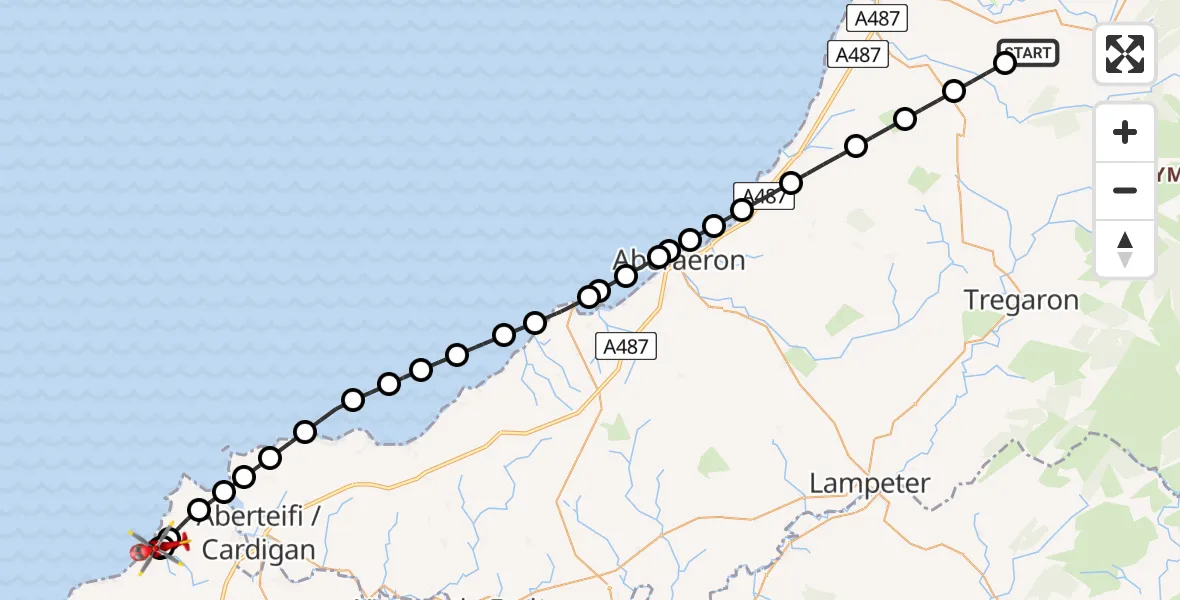 Flight route Air Ambulance Helicopter Pontarfynach - Trewyddel / Moylgrove, 01 August 2026, 11:09