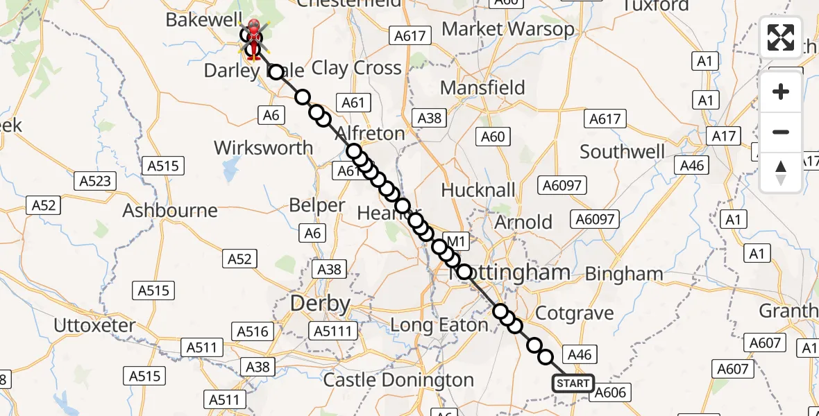 Flight route Air Ambulance Helicopter Widmerpool - Rowsley CP, 01 August 2026, 11:20