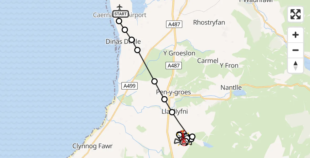Flight route Air Ambulance Helicopter Caernarfon Airport - Pant Glas, 01 August 2026, 11:25