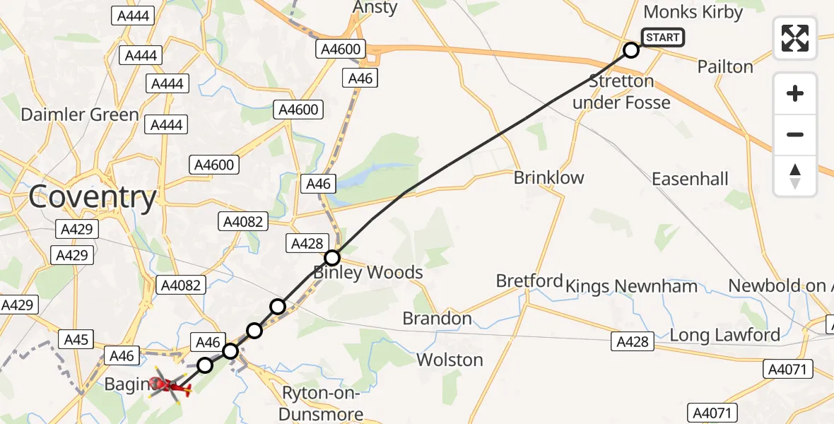 Flight route Air Ambulance Helicopter Rugby - Coventry Airport, 01 August 2026, 11:32