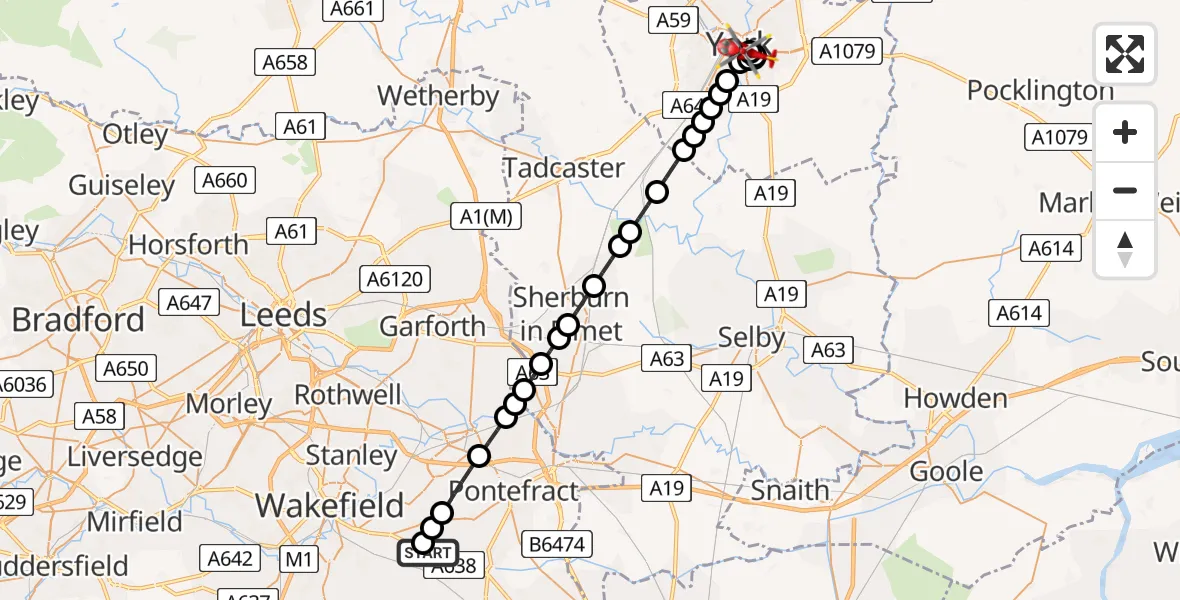 Flight route Air Ambulance Helicopter YAA Nostell Helicopter Port - Fishergate, 01 August 2026, 11:49