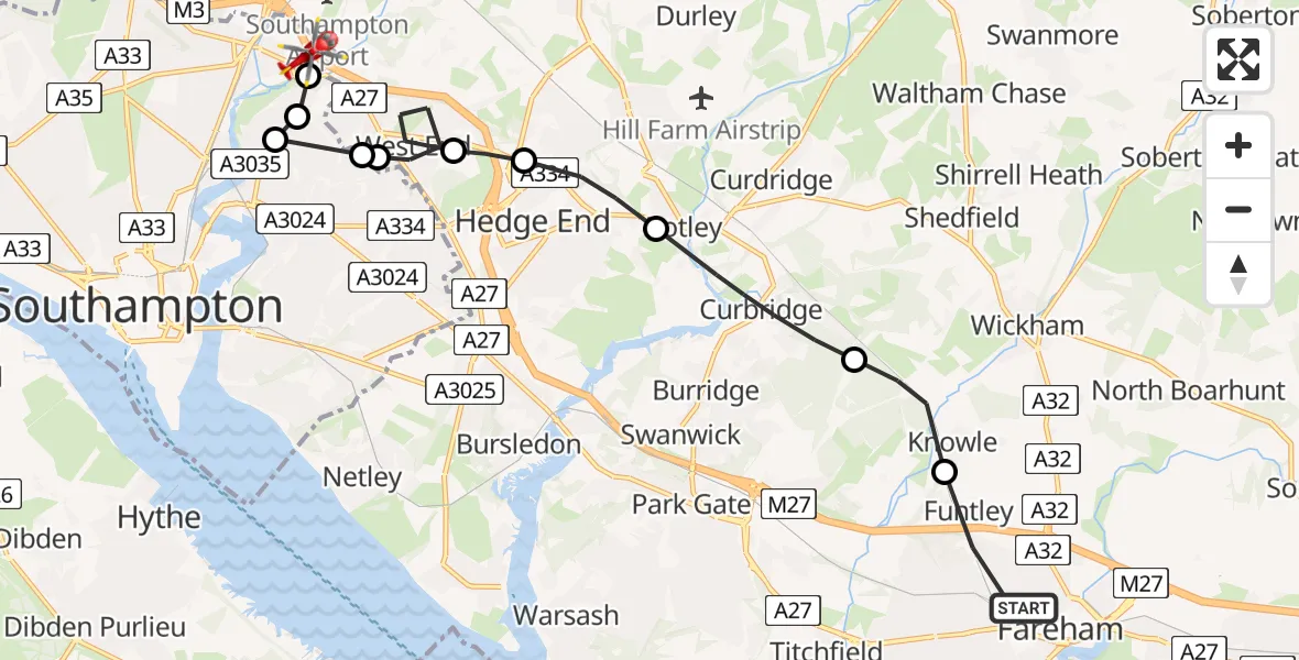 Flight route Air Ambulance Helicopter Fareham - Mansbridge, 01 August 2026, 11:51
