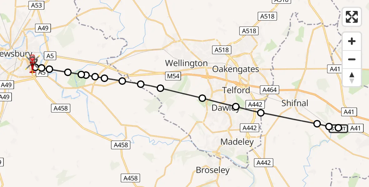 Flight route Air Ambulance Helicopter RAF Cosford - Shrewsbury, 01 August 2026, 11:55