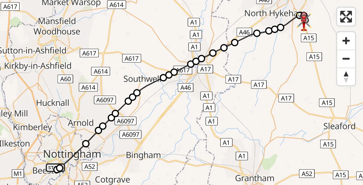 Flight route Air Ambulance Helicopter City of Nottingham - North Kesteven, 01 August 2026, 11:56