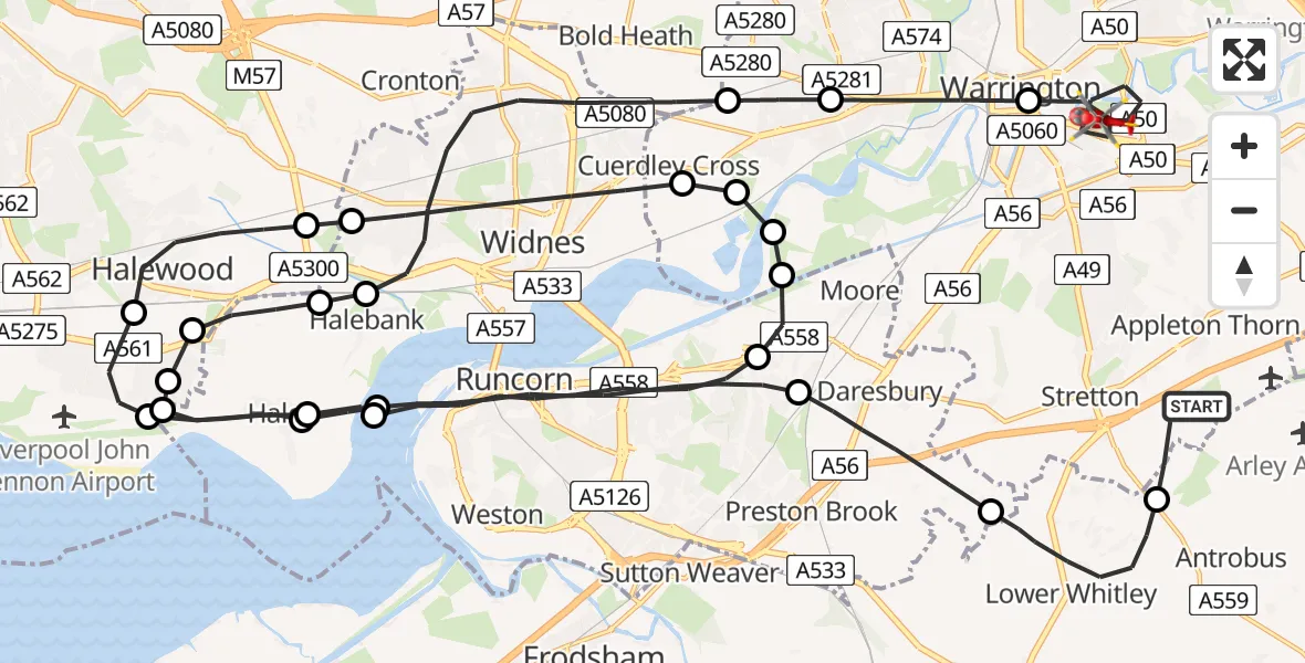 Flight route Air Ambulance Helicopter Stretton - Warrington, 01 August 2026, 11:55