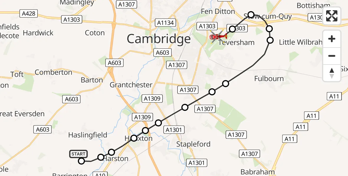 Flight route Air Ambulance Helicopter Haslingfield - Cambridge City Airport, 01 August 2026, 11:59